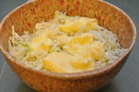 Coleslaw in mixing bowl
