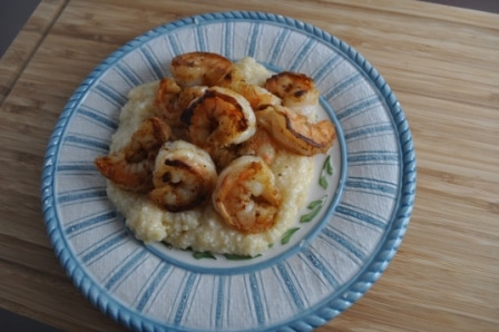 Shrimp and grits prepared in instant pot on a plate ready to eat