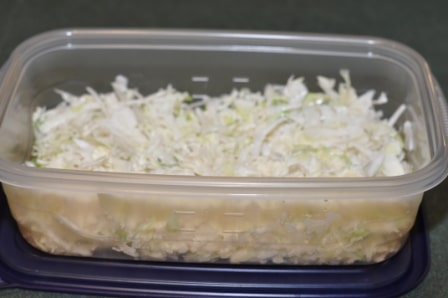 Easy coleslaw made with angel hair cabbage and Duke's dressing in an open Rubbermaid container sitting on it's blue top on a green counter.