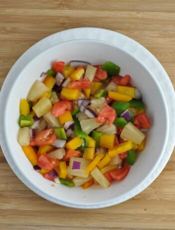 Pineapple salsa made with canned pineapple, bell peppers, onion and tomatoes.