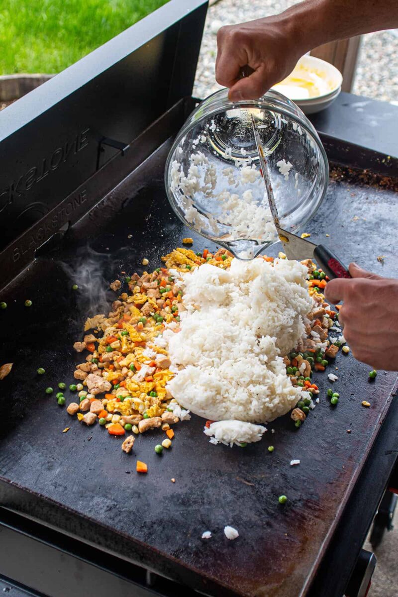 Blackstone Fried Rice cooked hibachi style on the griddle.