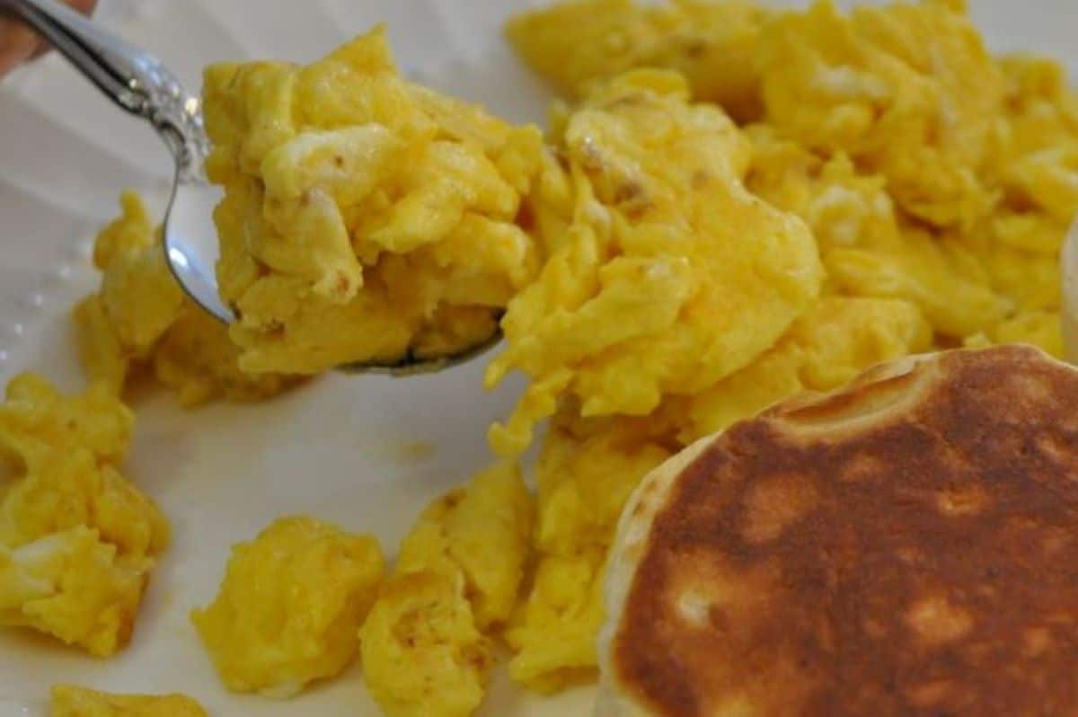 Scrambled eggs prepared on blackstone griddle on a plate with biscuits.
