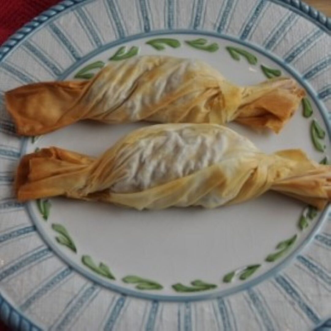 Phyllo chicken recipe with two phyllo wraps filled with chicken, angel hair coleslaw, shredded carrots, onion, salsa, and a few spices.