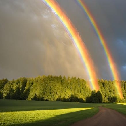 Double rainbow and trees and grass.